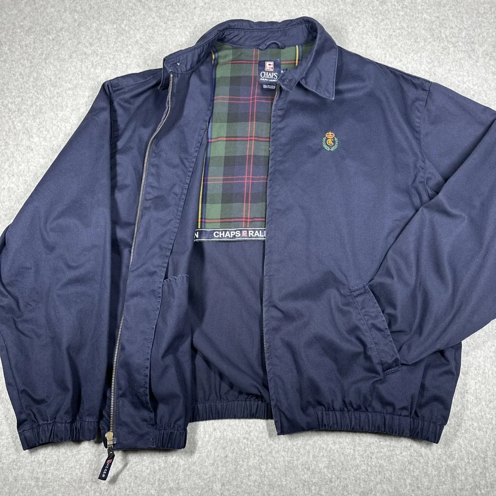 Vintage Chaps Ralph Lauren XL Harrington Jacket Navy Blue Crest Logo Plaid Lined